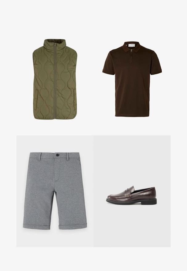 Prsluk s prošivenim uzorkom u maslinasto zelenoj boji, s visokim ovratnikom, prednjim patentnim zatvaračem i dva bočna džepa. Glatka tekstura s valovitim uzorkom šivanja.; Smeđa polo majica od glatkog materijala, s ovratnikom na zatvarač, kratkim rukavima i prilagođenim krojem. Nema vidljivih uzoraka ili akcenata.; Sivi kratki hlače do koljena, napravljene od teksturirane tkanine, s kopčanjem na dugme, s jednim prednjim džepom i uredno zavrnutim rubovima.; Smešni smeđi kožni mokasini s glatkom završnom obradom, s diskretnim šavnim detaljem na gornjem dijelu i crnom gumenom potplatom.