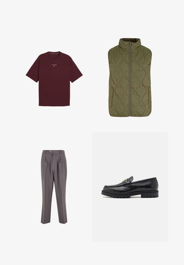 Quiltet vest i olivengrøn med høj krave, frontlynlås og to sidelommer. Glat tekstur med bølgemønster syninger.; Burgunderfarvet bomulds T-shirt med rund halsudskæring, korte ærmer og hvid "HYROX" logo på brystet. Casual pasform med en glat tekstur.; Grå plisserede bukser lavet af glat stof, med lige ben-design, en enkelt knaplukning og skrå sidelommer.; Sorte læder loafers med en glat finish, rund tå, en dekorativ rem med guldhardware og en robust sort sål.