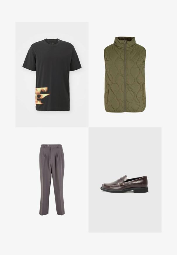Quilted vest i olivengrønn, med høy krage, frontglidelås og to sidelommer. Glatt tekstur med bølgete mønstersting.; adidas Performance TRAE TEE - T-shirts med print - black; Grå plisserte bukser laget av glatt stoff, med rett ben-design, enkelt knappelukking og skrå sidelommer.; Brune lærloafers med en glat finish, der har en subtil syet detalje på overdelen og en sort gummisål.