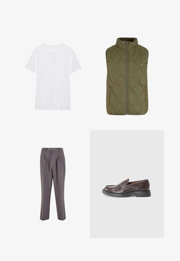 Vaatteet peitetty liivi oliivinvihreänä, jossa on korkea kaulus, etuvetoketju ja kaksi sivutaskua. Suora pinta, jossa on aaltoileva ompelukuvio.; Valkoinen lyhythihainen T-paita pyöreällä kaula-aukkolla, kolme nappia edessä ja pehmeää puuvillakangasta. Ei kuvioita tai grafiikoita.; Harmaat pleatatut housut, jotka on valmistettu sileästä kankaasta, jossa on suora lahkeiden muoto, yksi nappikiinnitys ja viistot sivutaskut.; Ruske nahkalenkkarit, joilla on sileä pinta, pyöreä varvas, minimaalinen ommel ja paksu musta kumipohja. Ei näkyvää varustusta tai koristeita.