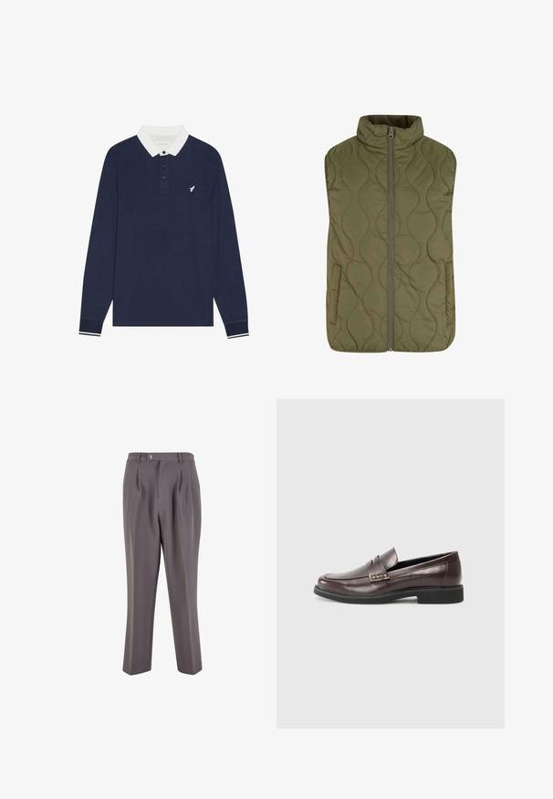 Vest matlasat în verde măsliniu, cu guler înalt, fermoar frontal și două buzunare laterale. Textură netedă cu un model de cusături ondulate.; Polo de navy cu mânecă lungă, cu guler alb, plachetă cu trei butoane și logo brodat. Prezintă manșete în dungi alb și navy.; Pantaloni plisati gri, confecționați dintr-un material neted, având un design cu picior drept, închidere cu un singur nasture și buzunare laterale înclinate.; Loafers din piele maro cu un finisaj neted, având un detaliu cusut discret pe partea superioară și o talpă din cauciuc negru.