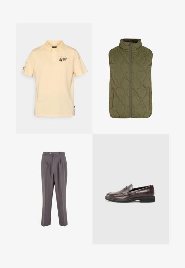 Gequilte vest in olijfgroen, met een hoge kraag, een rits aan de voorkant en twee zijzakken. Soepele textuur met golvende stikdetails.; Lichtgele polo met korte mouwen, een drie-knopen halslijn, en geborduurde dierenafbeeldingen op de borst en mouw.; Grijze geplooide broek gemaakt van gladde stof, met een rechte pijpdesign, een enkele knoopsluiting en schuine zijzakken.; Bruine leren loafers met een gladde afwerking, voorzien van een subtiele gestikte detail op de bovenkant en een zwarte rubberen zool.