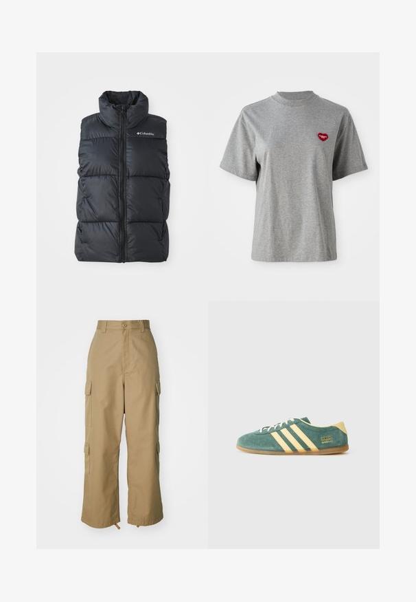 Juodas pūkuotas liemens švarkas su aukštu apykakle, priekiniais užtrauktukais ir šoniniais kišenėmis. Textūruotas, siuvinėtas dizainas su "Columbia" logotipu ant peties.; Pilkos spalvos trumpomis rankovėmis marškinėliai su apvaliu kaklu ir maža raudona širdelės formos aplikacija kairėje krūtinės pusėje su užrašu "Carhartt WIP."; Šviesiai rudos spalvos cargo kelnės su aukštu liemeniu, plačiomis kojomis ir keturiomis didelėmis šoninėmis kišenėmis. Pagamintos iš patvarios medžiagos su lygiu paviršiumi ir minimaliais detalėmis.; Žalios suede bateliai su geltonais akcentais ir trimis juostelėmis. Išlenktas pirštas, plokščias gumos padas ir ryškus prekės ženklo logotipas šone.
