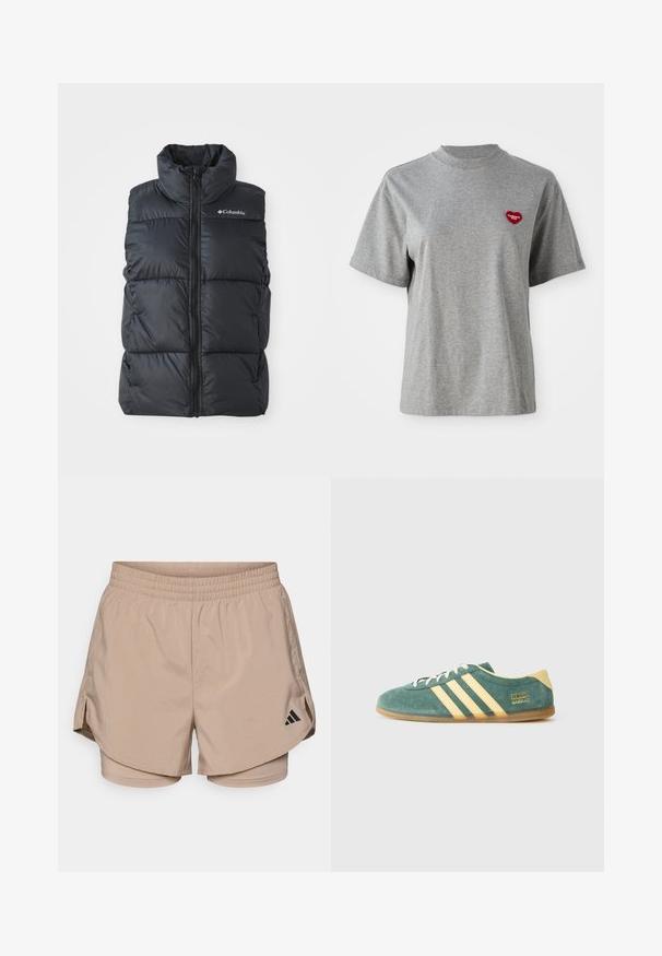 Fekete puffvas, magas gallérral, elülső cipzárral és oldalzsebekkel. Texturált, steppelt dizájn Columbia logóval a vállon.; Szürke, rövid ujjú, kerek nyakú póló, bal mellen egy kis piros szív alakú folttal, amelyen a "Carhartt WIP" felirat áll.; Beige sportnadrág, derékpánttal, oldalsó hasítékokkal és belső nadrággal. Fekete Adidas logó a bal alsó oldalon. Sima textilem.; Zöld velúr cipő sárga részletekkel és három csíkkal. Kerek orrú, lapos gumitalppal és hangsúlyos márkalogóval az oldalon.