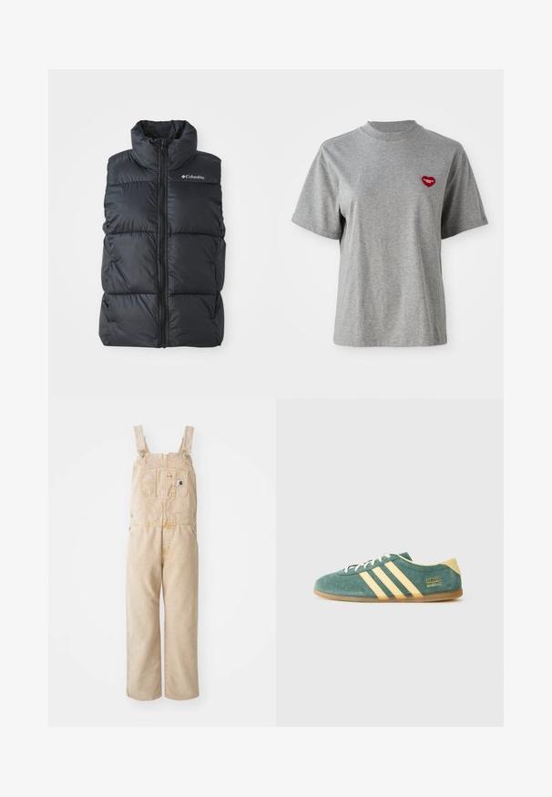 Svart pufferväst med hög krage, framdragkedja och sidofickor. Texturerad, kviltad design med Columbia-logotyp på axeln.; Grå kortärmad T-shirt med rund halsringning och en liten röd hjärtformad patch på vänster bröst som står "Carhartt WIP."; Beige överalls tillverkade av slitstarkt tyg, med justerbara axelremmar, en framficka och vida ben med en något urtvättad textur.; Gröna mockaskor med gula accenter och tre ränder. Rundad tå, platt gummisula och framträdande logotyp på sidan.