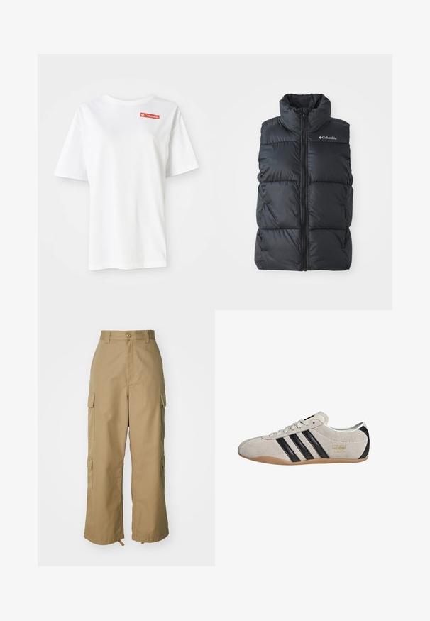 Melnas pūkainas vesti ar augstu apkakli, priekšējo rāvējslēdzēju un sānu kabatām. Strukturēts, quiltēts dizains ar Columbia logo uz pleca.; Balts kokvilnas t-krekls ar īsām piedurknēm un noapaļotu kakla izgriezumu, ar mazu sarkanu Columbia logotipu kreisajā krūšu zonā.; Bēša kravas bikses ar augstu jostasvietu, platām kājām un četriem lieliem sānu kabatām. Izgatavotas no izturīgas auduma ar gludu tekstūru un minimālām detaļām.; Zigžņu kedas ar pelēku augšdaļu, melniem izstrādājumiem un gumijas zoli. Ietekmē saites slēgšana un zelta logo detaļa sānos.