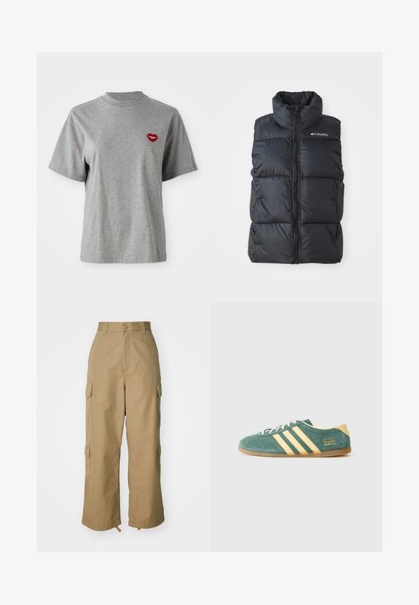 Black puffer vest with a high collar, front zipper, and side pockets. Textured, quilted design with Columbia logo on the shoulder.; Grey short-sleeve crew neck T-shirt with a small red heart-shaped patch on the left chest reading "Carhartt WIP."; Beige cargo pants with a high waist, wide legs, and four large side pockets. Made of durable fabric with a smooth texture and minimal detail.; Green suede shoe with yellow accents and three stripes. Rounded toe, flat rubber sole, and prominent brand logo on the side.