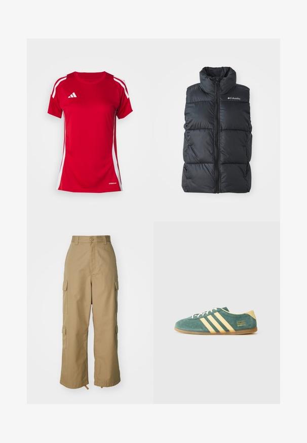 Čierny puff vest s vysokým golierom, predným zipsom a bočnými vreckami. Textúrovaný, prešívaný dizajn s logom Columbia na ramene.; Červené športové tričko s krátkymi rukávmi, bielymi bočnými pruhmi a bielym logom Adidas. Vyrobené z materiálu, ktorý odvádza vlhkosť, označené AEROREADY.; béžové cargo nohavice s vysokým pásom, širokými nohavicami a štyrmi veľkými bočnými vreckami. Vyrobené z odolnej tkaniny s hladkou textúrou a minimálnymi detailmi.; Zelené semišové topánky s žltými akcentmi a tromi pruhmi. Okrúhla špička, plochá gumená podrážka a výrazné logo značky na boku.