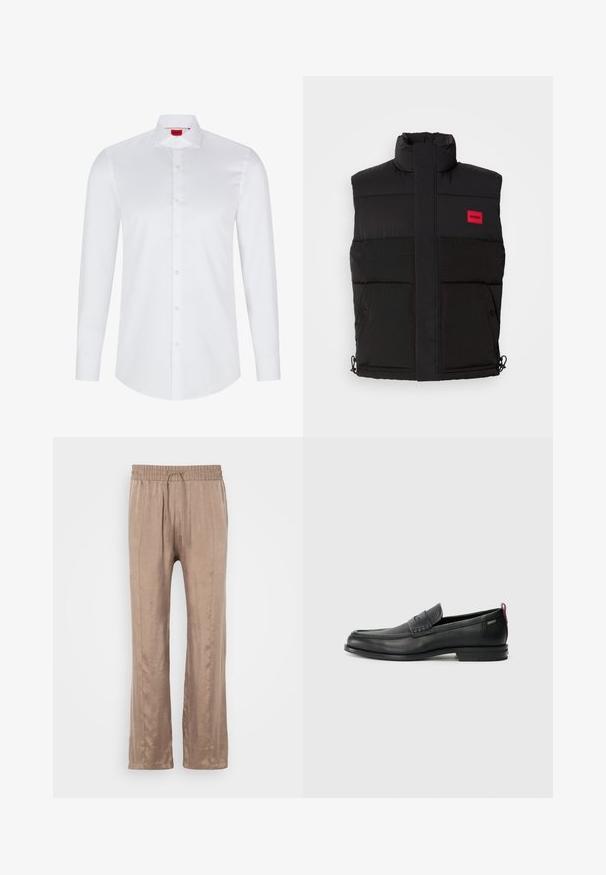 Chaleco de plumón negro con cuello alto, que presenta un logotipo rectangular rojo, dos bolsillos frontales y cordones en el dobladillo para un ajuste ajustable.; Camisa blanca de manga larga con botones, hecha de algodón suave. Presenta un cuello clásico, una botonera completa y un dobladillo redondeado.; Pantalones de pierna ancha en marrón claro, hechos de una tela suave, con una cintura elástica con cordón y dos pliegues frontales.; Mocasines de cuero negro con un panel frontal texturizado y laterales lisos. Presenta un tacón delgado y un lazo trasero para facilitar su uso. Diseño clásico.