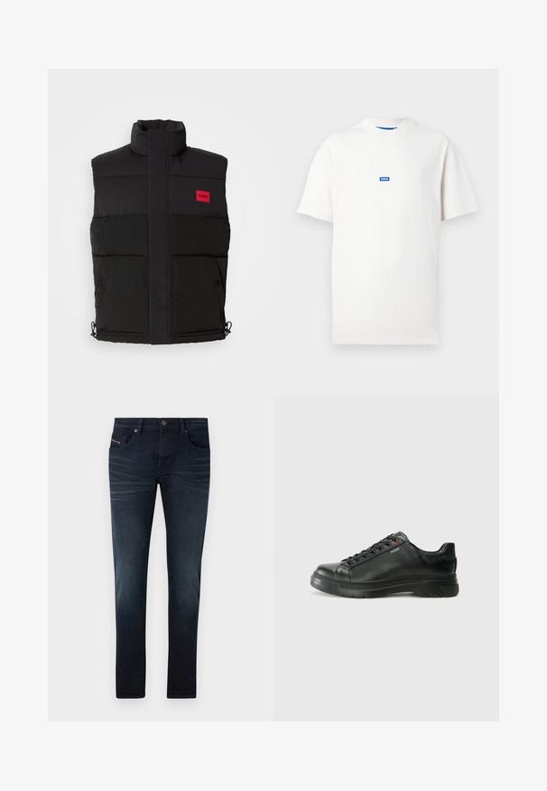 Svart puffervest med høy krage, med en rød rektangulær logo, to frontlommer og snøring i kanten for justerbar passform.; Hvit kortermet T-skjorte med en liten blå rektangulær logo med teksten "HUGO" sentrert på brystet, ensfarget bakgrunn.; Mørkeblå denimjeans med slim fit, som har fem lommer, subtil bleking og en metallknapp-lukking i midjen.; Svarte lærsneakers med teksturert overdel, polstret krage og rød logodetalj. Har en tykk gummisåle med tydelig mønster.