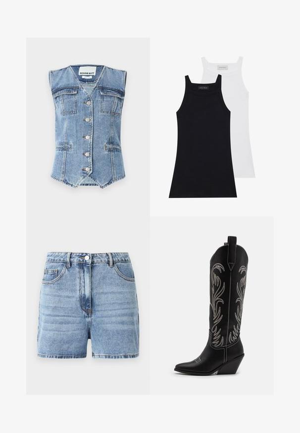 Šviesiai mėlyna džinsinė liemenė be rankovių, su smailiu apvadu, keturiais kišeniais ir sidabriniais mygtukais priekyje. Audinys su tekstūriška apdaila.; Du kaldūnėliams, juodos ir baltos spalvos. Pagaminti iš minkštos, tamprios medžiagos su raukšlėta tekstūra ir prigludusia forma. Su siaurais petnešomis.; Šviesiai mėlyni džinsiniai šortai su aukštu juosmeniu, priekine mygtukų uždarymo sistema ir viena priekinė kišenė. Yra siūti siūlai ir klasikinis pjūvis.; Juodi oda kaubojiški batai su smailiu nosiu, stulpeliu ir sidabriniais siuvinėti gėlių raštais palei šoną. Kontrastingas siuvinėjimas visoje bato dalyje.