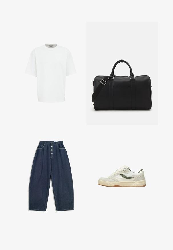 Černý pletený bezrukávový kardigan s výstřihem do V, pěti bílými knoflíky vpředu a dvěma předními kapsami.; Bílý krátký rukáv tričko s kulatým výstřihem, vyrobené z hladkého materiálu, s uvolněným střihem a decentní štítkem s logem na boku.; Tmavě modré denimové kalhoty s širokými nohavicemi, vysokým pasem, zapínáním na pět knoflíků a pěti kapsami. Obsahují švy s vypracovanými detaily.; Bílé a šedé tenisky s texturovaným koženým svrškem, síťovými panely, polstrovaným jazykem a gumovou podrážkou. Obsahují kontrastní zelené akcenty.; Pier One UNISEX - Taška na víkend - black