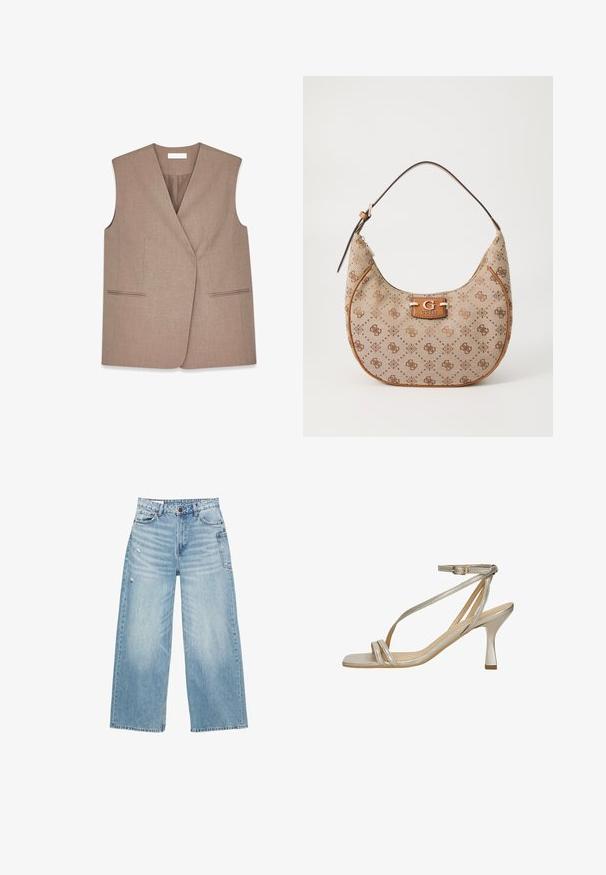 Bruine mouwloze gilet met een wikkelontwerp, gemaakt van textuurstof. Heeft twee voorkeurs met pipingdetails langs de randen.; Witte korte mouwen t-shirt van zachte katoen. Heeft een ronde halslijn en een subtiele logo detail op de linkerborst. Rechte pasvorm.; Lichtblauwe wijde jeans gemaakt van denim, met een hoge taille, vijf-pocket ontwerp en subtiele beschadigde details op de stof.; Metallisch gouden haksandalen met een vierkante neus, slanke enkelband en kruislings vampbandjes. Gladde textuur met een stijlvolle vormgeving.; Beige hobo tas met bruin logo patroon, leren accenten en een metalen sluiting met een verhoogde "G." Inclusief verstelbare schouderband.