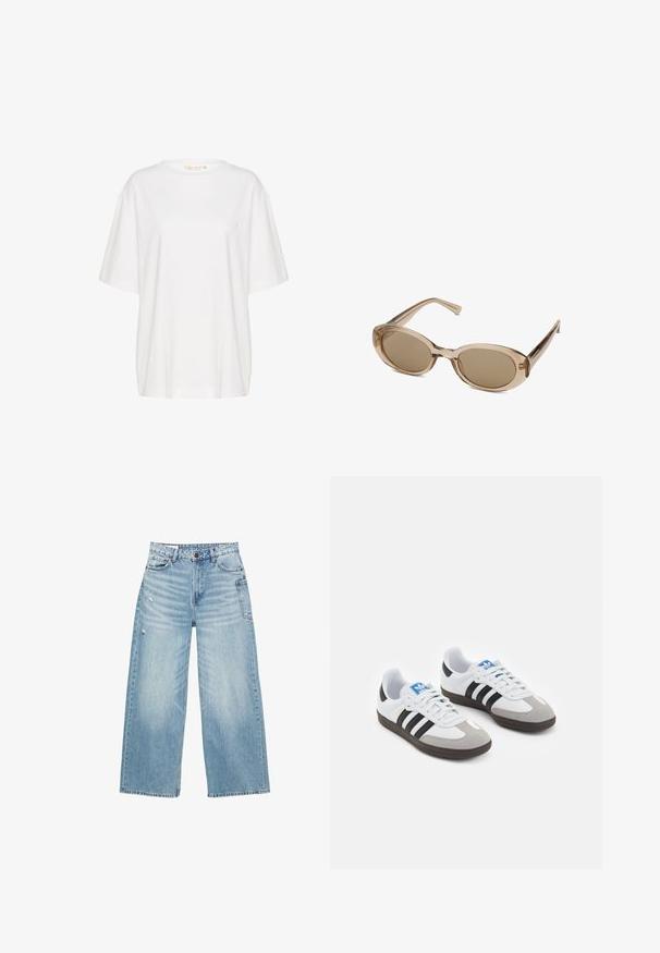 Gilet marrone senza maniche con un design avvolgente, realizzato in un tessuto testurizzato. Presenta due tasche frontali con un dettaglio in piping lungo i bordi.; Maglietta bianca a maniche corte realizzata in morbido cotone. Presenta un collo rotondo e un sottile logo stampato sul lato sinistro del petto. Design a taglio dritto.; Jeans a gamba larga di colore blu chiaro, realizzati in denim, con vita alta, design a cinque tasche e delicati dettagli strappati sul tessuto.; Scarpe sportive con tomaia in pelle bianca, punta in suede grigia e tre strisce nere. Presentano un logo blu sulla linguetta e una suola in gomma testurizzata.; Occhiali da sole con una montatura trasparente beige, lenti ovali e templi slanciati. Presentano lenti di un marrone chiaro e un branding minimale.; Borsa hobo beige con motivo logo marrone, rifiniture in pelle e una chiusura metallica con una "G" in rilievo. Include una tracolla regolabile.