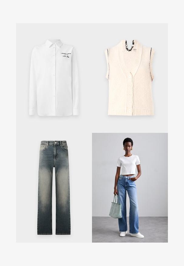 Trumpas rankovėmis megztas liemenė, kreminės spalvos, mygtukų uždarymas priekyje, raukšlėtas apačios kraštas, bangos formos kaklo detalė, reljefinė medžiaga su vertikaliomis linijomis.; Balta ilgomis rankovėmis marškiniai su apykakle ir juodu siuvinėtu tekstu "Moschino Jeans" viršutiniame kairiajame krūtinės kampelyje.; Aukštos juosmeniu tiesaus kirpimo džinsai su išblukusia šviesia ir tamsiai mėlyna džinsų skalbimo spalva bei klasikinio penkių kišenių dizainu.; Balta ripsuota trumpa marškinėliai, šviesiai mėlyni plačios kojų džinsai ir balti sportbačiai. Laiko žalią ir baltą dryžuotą rankinę.