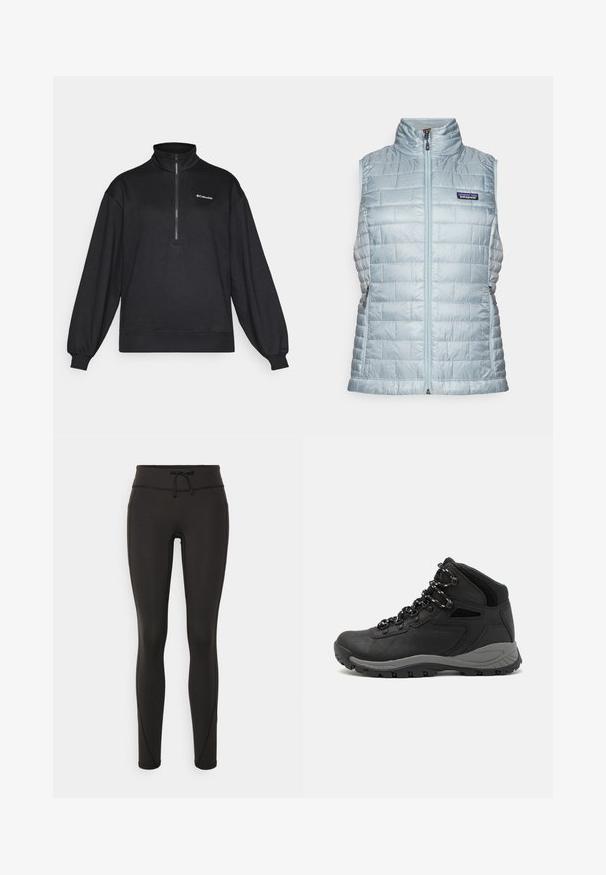 Hele sinine isolatsioonivest, millel on vertikaalne tikandi tekstuur, kõrge krae, esine tõmblukk ja küljetaskud. Rinna piirkonnas on Patagonia logo.; Mustan värvi fliis, poolrihvel, pikad varrukad, lõdvestunud lõige, soonikkoes mansetid ja alläär, vasakul ülabeel valge logo.; Mustad kõrge vöökohtadega mustad retuusid, paelaga, sileda tekstuuri ja sobiva disainiga. Külgedel on õmblusdetailid.; Mustarjaline matkasaabas, millel on keskmine disain, tekstuuriga ülemine osa, hallid aktsendid ja vastupidav kummist põhi, millel on haardelugesid.