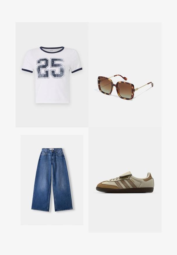 Valkoinen kukkakuosisilla pehmustetulla liivillä, jossa on keltaisia ja violetin värisiä kukkia. Reunat on huoliteltu ja siinä on kaksi sivutaskua. Ei hihoja.; Valkoinen puuvillapaita, jossa on tummansiniset ribbireunat kauluksessa ja hihansuissa, etuosassa on kulunut printti numerosta "25".; Bershka WIDE-LEG - Leveälahkeiset - dark blue; Ruskohvittua ja kermajuovapintaista urheilukenkää, jossa on kolme vaaleanbeigeä raitaa, päällysteet nahkaa ja mokkaa, nauhakiristys ja kumipohja. Tekstilogo sivulla.; Ruske tortoiseshell naočale u četvrtastom obliku, s gradijentnim staklima i zlatnim metalnim detaljima na sljepoočnicama i ručkama. Teksturirana površina.
