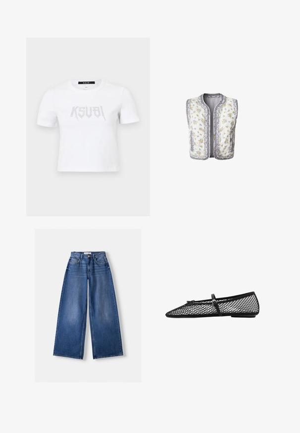 Bela obleka brez rokavov s cvetličnim vzorcem, okrašena z rumenimi in vijoličnimi cvetovi. Obrobljeni robovi in dva stranska žepa.; Bela kratka majica s kratkimi rokavi iz bombaža, ki ima na sprednji strani obliko logotipa s srebrnimi kamenčki. Preprosto krojen kroj s sproščenim fitom.; Bershka WIDE-LEG - Široke hlačnice - dark blue; Črne mrežaste balerinke s konično oblikovanim prstom, okrasno zanko in subtilnim poudarkom. Imajo odprt mrežni dizajn in ravno podplat.