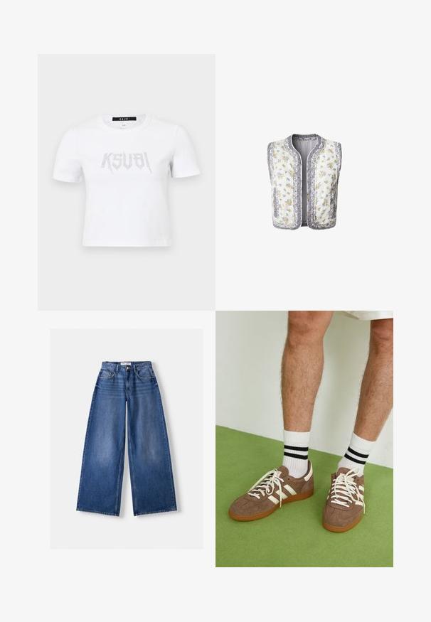 Bela obleka brez rokavov s cvetličnim vzorcem, okrašena z rumenimi in vijoličnimi cvetovi. Obrobljeni robovi in dva stranska žepa.; Bela kratka majica s kratkimi rokavi iz bombaža, ki ima na sprednji strani obliko logotipa s srebrnimi kamenčki. Preprosto krojen kroj s sproščenim fitom.; Bershka WIDE-LEG - Široke hlačnice - dark blue; Rjavi semiš športni čevlji z belimi detajli in vezalkami. Gumijast podplat. Nošeni z belimi nogavicami z črnimi črtami. Zelena teksturirana talna obloga.