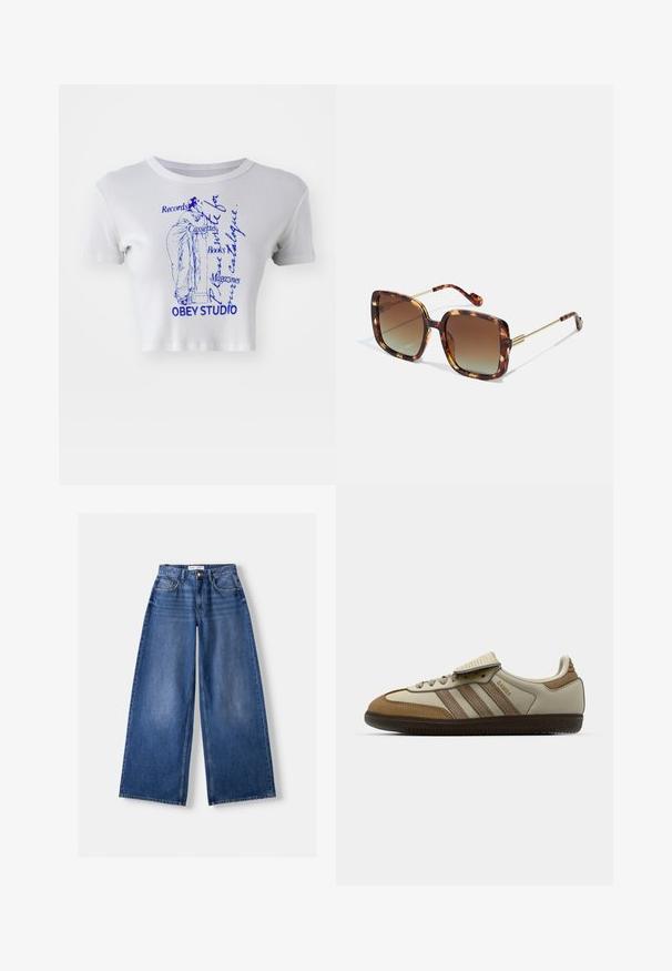 Prsluk s cvjetnim uzorkom od bijele tkanine, s žutim i ljubičastim cvjetovima. Obrezani rubovi i dva bočna džepa. Bez rukava.; Beli rebrasti crop top s plavim grafičkim printom klasične figure i tekstom, s imenom brenda "OBEY STUDIO" istaknuto.; Bershka WIDE-LEG - Široke nogavice - dark blue; Smeđi i kremasti atletski tenisice s tri bež pruge, od kože i ante, s vezanjem i gumeni potplat. Tekstualni logo sa strane.; Smeđe kornjačaste sunčane naočale kvadratnog oblika, s gradijentnim lećama i zlatnim metalnim detaljima na hramovima i okovima. Teksturirana površina.