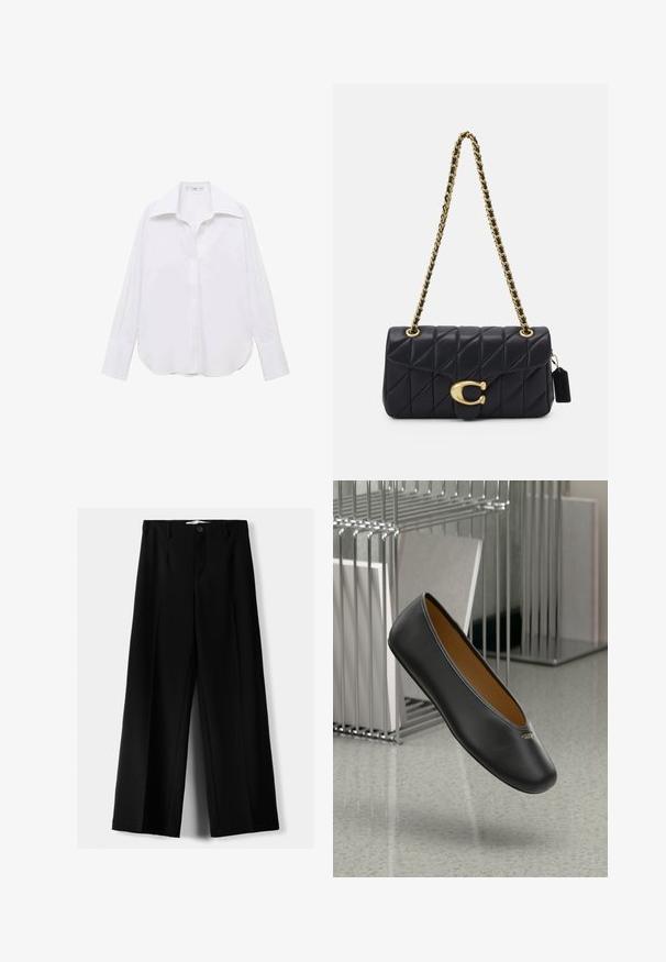 Sort ærmeløs vest med rund halsudskæring, struktureret stof og traditionelle knaplukninger ned foran. Har sidelommer og en taperet kant.; Hvid langærmet skjorte med knapper, klassisk krave, afslappet pasform, sidelæg og glat tekstur lavet af letvægtsstof.; Sorte brede bukser lavet af letvægtsstof, med frontknaplukning og glat front, samt pænt syede kanter.; Sorte læder balletflade med en rund tå, glat tekstur og en gulds logoaccent på siden. Placeret over en reflekterende overflade.; Sorte kviltet håndtaske med en guldkæde-rem, der har en markant guldkrog og et lille mærke, som viser en struktureret læderoverflade.