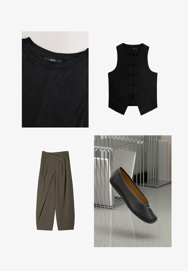 Black sleeveless vest with a rounded neckline, textured fabric, and traditional knot closures down the front. Features side pockets and a tapered hem.; Black cotton t-shirt featuring a round neckline, simple design, and smooth texture. Text label "NEXT" visible at the back of the neck.; White long-sleeve button-up shirt with a classic collar, relaxed fit, side slits, and smooth texture made from lightweight fabric.; Wide-fit trousers in dark olive green fabric, featuring a pleated front design, a button closure, and a polished, textured surface.; Black leather ballet flat with a rounded toe, smooth texture, and a gold logo accent on the side. Positioned above a reflective surface.