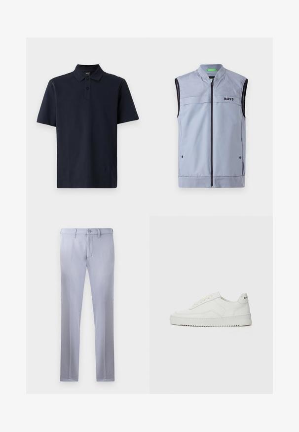 Coletes sem mangas azul claro com gola alta, fecho em zíper à frente, acabamento preto e logótipo "BOSS" no lado esquerdo do peito. Tecido suave e leve.; Polo de manga curta azul-marinho feito de algodão texturizado, apresentando uma pala de dois botões, um colarinho padrão e costura discreta nos ombros.; Calças sob medida de cor cinza claro, feitas de um tecido suave, apresentando um fecho com botão, passantes para cinto e um design de perna reta. Sem bolsos visíveis.; Sapatilha de couro branco com acabamento suave, bico redondo, atacadores planos e uma sola texturizada. Apresenta um logotipo discreto no calcanhar.