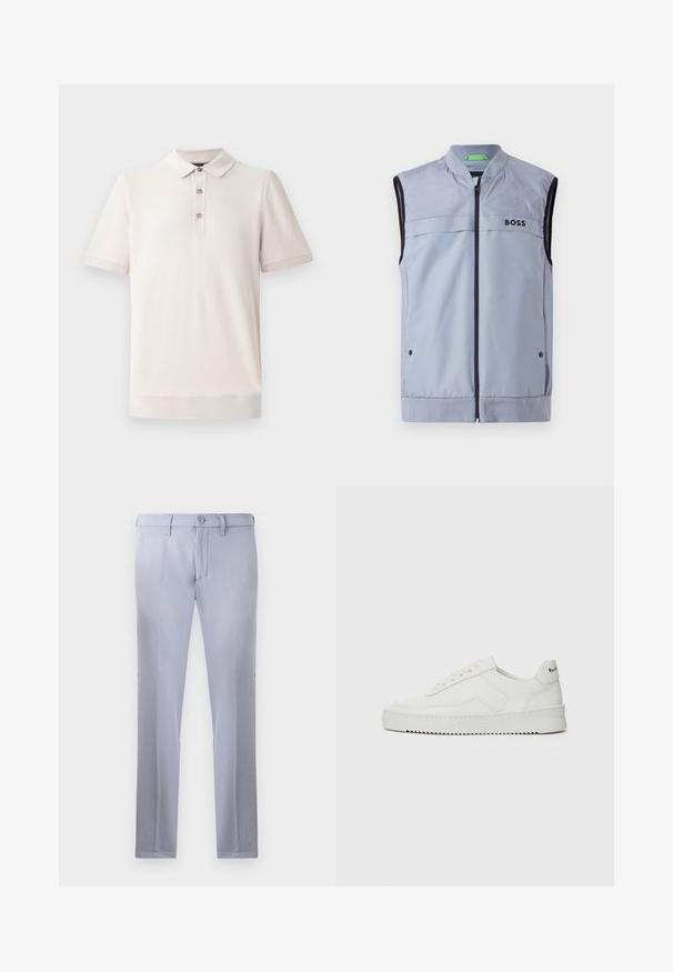 Light blue sleeveless vest with a stand collar, zip front, black trim, and "BOSS" logo on the left chest. Smooth, lightweight fabric.; Short-sleeve polo shirt in light beige, textured material with a collar and three button placket; ribbed detailing at sleeves and hem.; Light gray tailored trousers made of smooth fabric, featuring a button closure, belt loops, and straight-leg design. No pockets visible.; White leather sneaker with a smooth finish, round toe, flat laces, and a textured sole. Features a subtle logo on the heel.