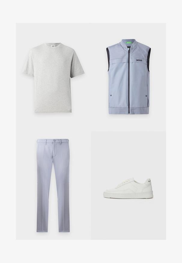 Vest albui ușor, fără mâneci, cu guler în picioare, fermoar în față, cu margini negre și logo-ul "BOSS" pe pieptul stâng. Țesătură netedă și ușoară.; Tricou gri cu mânecă scurtă, fabricat dintr-un material moale. Are guler rotund, croială relaxată și nu prezintă modele sau logo-uri. Textură netedă în întreaga sa suprafață.; Pantaloni tailored de culoare gri deschis, confecționați dintr-un material neted, având sistem de închidere cu buton, curea la talie și un design drept. Nu sunt vizibile buzunare.; Sneakers din piele albă cu un finisaj neted, vârf rotund, șireturi plate și o talpă texturată. Prezintă un logo subtil pe călcâi.