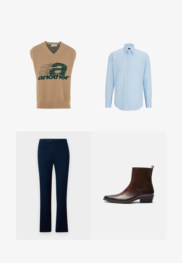 Bež bezrukavni pulover s V-izrezom, s tamnozelenim grafičkim dizajnom i natpisom "another" u debelom tkanju, od mekog pletenog materijala.; Svijetloplava košulja dugih rukava izrađena od glatkog materijala, s gumbima sprijeda, oštrim ovratnikom i redovitim krojem.; Mornarske plave hlače ravnog kroja, s jednim prednjim dugmetom za zatvaranje i petljama za pojas, izrađene od glatkog tkanog materijala.; Smeđe kožne gležnjače sa špicastim prstom, elastičnim bočnim panelima, teksturiranim detaljima na prednjem delu i niskim složenim potplatom.