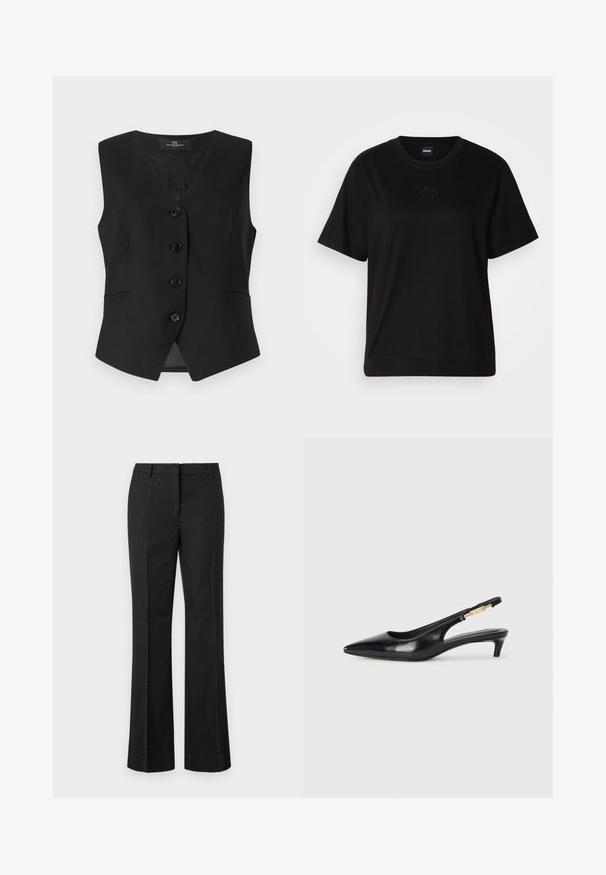 Crni bezrukavni prsluk s V-izrezom, pet dugmadi sprijeda, dva bočna džepa i glatkom teksturom. Jednostavan, krojeni dizajn.; Crna pamučna majica s okruglim izrezom, kratkim rukavima i izvezenim logotipom na prsima. Jednostavan, opušten kroj bez uzorka.; Crne razbačene hlače od glatkog materijala s malim metalnim ukrasima kroz cijelo odijelo. Imaju ravni prednji dio i standardni pojas.; Crne kožne sandale s petom, s izduženim vrhom, imaju usku petu i zlatni akcent na podesivoj traci. Glatka tekstura.