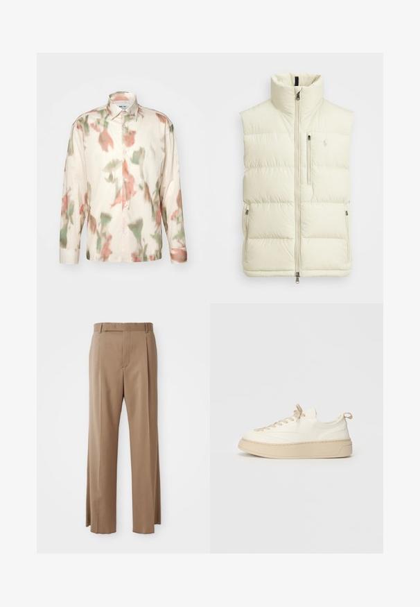 Svetlý krémový puffový vest s vysokým golierom. Obsahuje predný zips, horizontálny prešívaný dizajn a vrecko na hrudi so zipsom.; NN.07 FREDDY - Košeľa - sand; Svetlo hnedé prispôsobené nohavice so rovnými nohavicami, pútka na opasok, predný šev a skrytá zápinka, vystavené na bielom pozadí.; Biele kožené tenisky s béžovými akcentmi, s okrúhlou špičkou, rovnými šnúrkami, hrubou podrážkou a prešitím okolo základne.