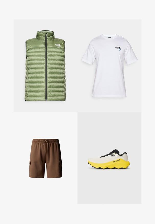 Olivově zelená péřová vesta s vysokým límcem, předním zipem a horizontálním prošíváním. Obsahuje logo na horní levé straně a boční kapsy.; The North Face EXPLORE CARABINER RELAXED TEE UNISEX - Triko s potiskem - white; Hnědé bavlněné cargo šortky s elastickým pasem, stahovací šňůrkou a dvěma bočními kapsami. Hladká textura a délka nad kolena.; Běžecké boty s bílým síťovinovým svrškem, žlutou mezipodešví, černými detaily a gumovou podrážkou s texturovaným gripem. Logo "SALOMON" je vyobrazeno.