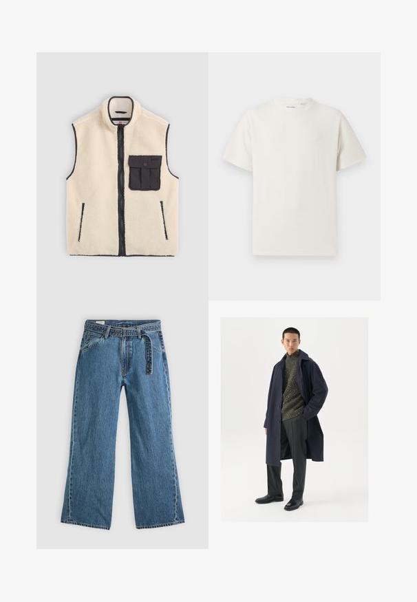 Kreemjas villane vest musta lukuga, küljetaskud ja ees olev tasku nööbiga detailiga. Erinev ääris on nähtav.; Valge lühikeste varrukatega T-särk ribakudumises. Ümar kaelus, mugav lõige, nähtavad mustrid ega aksessuaarid puuduvad. Lihtne ja mitmekesine disain.; Sinine denimist laienevate jalgadega teksad, millel on kinnitatud vöö, ees taskud ja nähtav õmblemine helesinise tausta peal.; Tumes mantel nupuvajaga, roheline tekstuuritud sviiter, mustad püksid ja mustad nahast saapad. Sujuv kangas koos struktureeritud siluetiga.