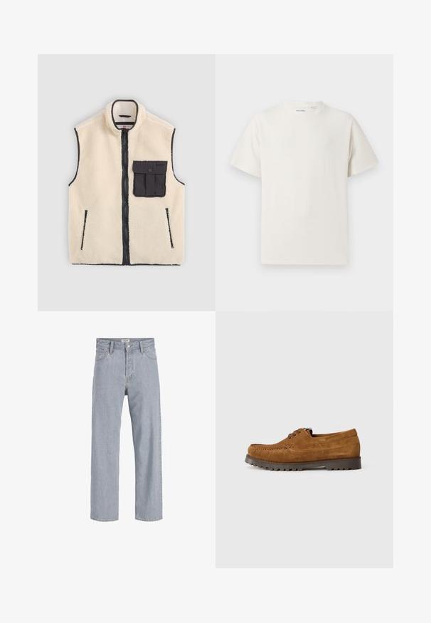 Krémová fleecová vesta s čiernym zipsom, bočnými vreckami a predným náprsovým vreckom s detailom gombíka. Viditeľné sú kontrastné okraje.; Biela krátka tričko s krátkym rukávom so žebrovanou textúrou. Okrúhly výstrih, uvoľnený strih, žiadne viditeľné vzory ani akcenty. Jednoduchý a všestranný dizajn.; Svetlomodré džínsy s uvoľneným strihom, rovný strih nohavíc, viditeľné stehy, dve predné vrecká a zapínanie na gombík.; Hnedé semišové poltopánky na šnurovanie s hrubou čiernou podrážkou s dezénom, viditeľným šitím a klasickým mokasínovým dizajnom na bielom pozadí.