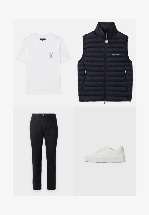 Gilet matelassé bleu marine avec col haut, fermeture éclair à l'avant, deux poches zippées et détail du logo sur le côté gauche. Texture matelassée et rembourrée sur l'ensemble.; T-shirt en coton blanc avec un col rond et des manches courtes. Un petit graphique noir d'un smiley avec des yeux en 'x' sur le côté gauche de la poitrine.; Pantalons en coton noir avec une coupe droite, présentant une fermeture à bouton, deux poches avant et une texture lisse.; Baskets en cuir blanc avec une finition lisse, bout arrondi, lacets plats et semelle texturée. Présente un logo discret sur le talon.