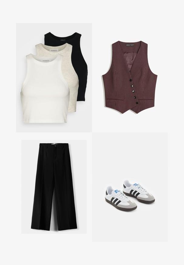 Burgundska prugasta prsvija z V-izrezom, s šestimi gumbi za zapiranje, dvema sprednjima žepoma in gladko notranjo podlogo. Prilagojen kroj z ostrimi robovi.; Komplet treh skrajšanih majic brez rokavov v beli, svetlo sivi in črni barvi. Imajo rebrasto teksturo in okroglo izrez. Narejene so iz mehke bombažne mešanice.; Črne široke hlače iz lahkega materiala, z zapiranjem na gumb spredaj in ravnim sprednjim delom, s skrbno zašiti robovi.; Športni čevlji z belim usnjenim zgornjim delom, sivim semišem na prstih in tremi črnimi črtami. Imajo modro logo na jeziku in teksturiran gumijast podplat.