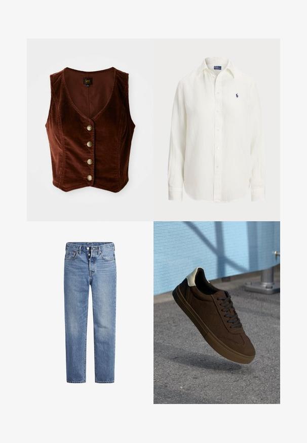 Brun kordfløyels ermeløs topp med dyp V-hals og fem gullknapper, med en teksturert overflate og figursydd design.; Hvit linskjorte med lange ermer, knapp- ned-krage og knapper foran. Har en liten blå brodert logo på brystet.; Lyseblå denimjeans med rett snitt, fem-lomme design og knappeåpning. Har subtile falminger og oransje sømdetaljer.; Brune semskede lavtoppsneakers med sorte snorer, har en hvit hælhette og teksturerte sømdetaljer. Gummisåle.