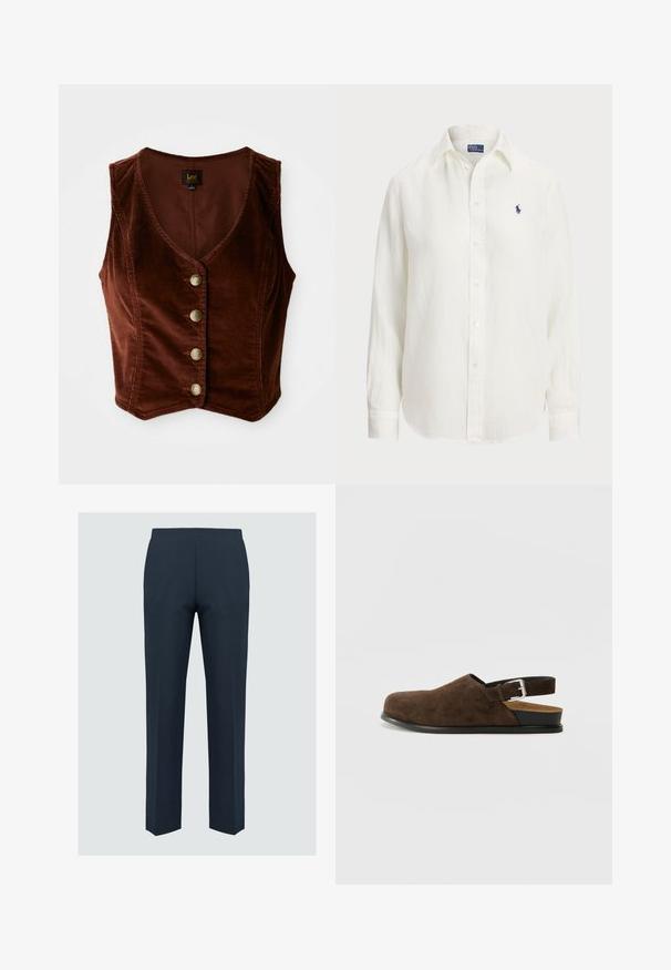 Bruine corduroy mouwloze top met een diepe V-halslijn en vijf gouden knopen, met een getextureerd oppervlak en een getailleerd ontwerp.; Witte linnen blouse met lange mouwen, knoopsluiting en knopen aan de voorkant. Heeft een klein blauw geborduurd logo op de borst.; Navybroek met een rechte pijp, gemaakt van een gladde stof, met een platte voorkant en zonder zichtbare stiksels of zakken.; Bruin suède instapper met een lage hak, een verstelbare band met een zilveren gesp en een zwarte rubberen zool.