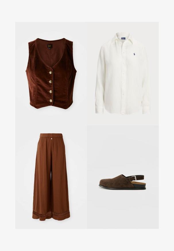 Braunes Cordtop ohne Ärmel mit tiefem V-Ausschnitt und fünf goldenen Knöpfen, mit strukturiertem Oberflächenmaterial und tailliertem Design.; Weißes Leinenhemd mit langen Ärmeln, Button-Down-Kragen und Knöpfen auf der Vorderseite. Verfügt über ein kleines blaues gesticktes Logo auf der Brust.; Braune weit geschnittene Hosen aus strukturiertem Stoff, mit einem gerafften Bund und Spitzenverzierungen am Saum.; Braune Wildleder-Ballenrutscher mit niedrigem Absatz, verstellbarem Riemen mit silberner Schnalle und schwarzer Gummisohle.