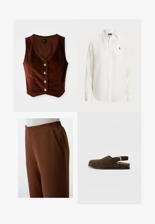 Bruine corduroy mouwloze top met een diepe V-halslijn en vijf gouden knopen, met een getextureerd oppervlak en een getailleerd ontwerp.; Witte linnen blouse met lange mouwen, knoopsluiting en knopen aan de voorkant. Heeft een klein blauw geborduurd logo op de borst.; Donkergemêle hoge taillebroek met een gladde textuur, voorzien van zijzakken en een elastische tailleband voor comfort.; Bruin suède instapper met een lage hak, een verstelbare band met een zilveren gesp en een zwarte rubberen zool.