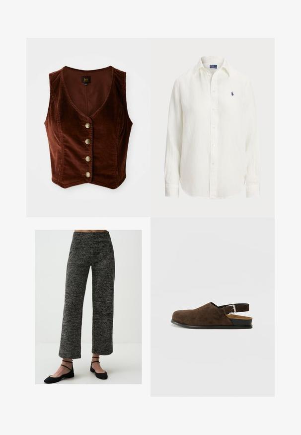 Braunes Cordtop ohne Ärmel mit tiefem V-Ausschnitt und fünf goldenen Knöpfen, mit strukturiertem Oberflächenmaterial und tailliertem Design.; Weißes Leinenhemd mit langen Ärmeln, Button-Down-Kragen und Knöpfen auf der Vorderseite. Verfügt über ein kleines blaues gesticktes Logo auf der Brust.; Weite, gestrickte Hosen mit einem schwarz-weißen Muster. Mit hoher Taille und geripptem Material. Kombiniert mit schwarzen flachen Schuhen.; Braune Wildleder-Ballenrutscher mit niedrigem Absatz, verstellbarem Riemen mit silberner Schnalle und schwarzer Gummisohle.
