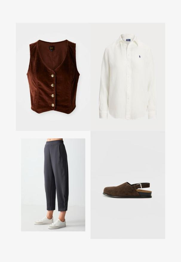 Braunes Cordtop ohne Ärmel mit tiefem V-Ausschnitt und fünf goldenen Knöpfen, mit strukturiertem Oberflächenmaterial und tailliertem Design.; Weißes Leinenhemd mit langen Ärmeln, Button-Down-Kragen und Knöpfen auf der Vorderseite. Verfügt über ein kleines blaues gesticktes Logo auf der Brust.; Dunkelgraue Hose mit elastischem Bund, verkürztem Design, zwei Seitentaschen und einem Knopfakzent am Saum. Kombiniert mit weißen Sneakern.; Braune Wildleder-Ballenrutscher mit niedrigem Absatz, verstellbarem Riemen mit silberner Schnalle und schwarzer Gummisohle.