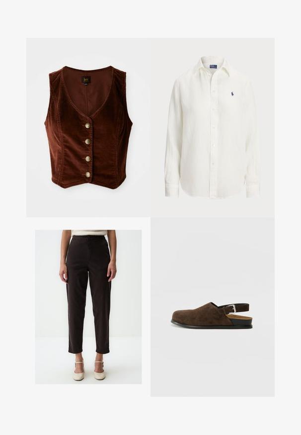 Bruine corduroy mouwloze top met een diepe V-halslijn en vijf gouden knopen, met een getextureerd oppervlak en een getailleerd ontwerp.; Witte linnen blouse met lange mouwen, knoopsluiting en knopen aan de voorkant. Heeft een klein blauw geborduurd logo op de borst.; Zwarte, hooggewaist broek met een recht model, voorzien van zijzakken, een knoopsluiting en subtiele stikdetails.; Bruin suède instapper met een lage hak, een verstelbare band met een zilveren gesp en een zwarte rubberen zool.