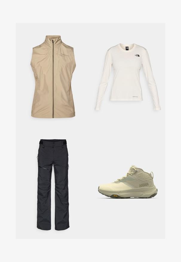 Beeži ilma varrukateta vest kõrge kaelusega, ees lukk ja logo detailidega. Valmistatud kergest, siledast kangast minimalistliku disainiga.; The North Face SHADOW LONG SLEEVE - Pikkade varrukatega topp - white dune; Mustad mustad suusapüksid, mis on valmistatud sünteetilisest materjalist, sirge lõikega, lukuga taskud ja velcro reguleeritav vöökoht.; Hoka matkasaapad heledas beežis, millel on tekstureeritud ülemine osa, paelad ja Vibram välispohjaga. Erakordne külgmine logo ja toetav disain.