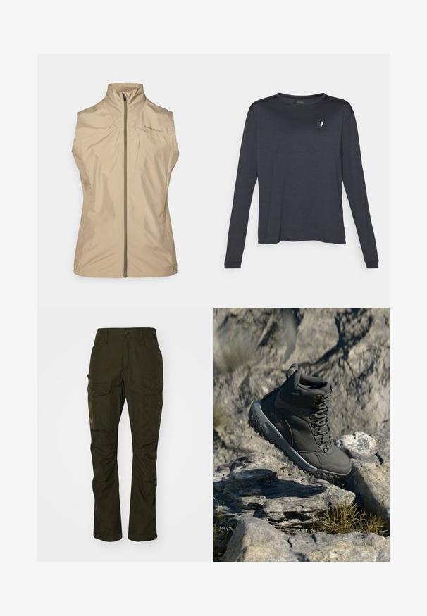 Beige sleeveless vest with a high collar, front zipper, and logo detailing. Made from lightweight, smooth fabric with a minimalistic design.; Dark long-sleeve T-shirt made of textured fabric, featuring a round neckline and a small white logo on the left chest area.; Fjällräven VIDDA PRO VENTILATED TRS W - Outdoor trousers - deep forest; Dark gray hiking boot made of synthetic material, featuring a padded collar, metal eyelets, and textured rubber sole for traction.