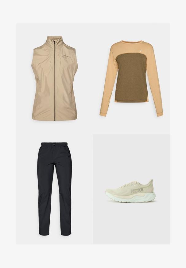 Gilet senza maniche beige con colletto alto, zip frontale e dettagli del logo. Realizzato in tessuto leggero e liscio con un design minimalista.; Camicia a maniche lunghe con una parte superiore beige e una parte inferiore verde oliva scuro. Tessuto morbido e testurizzato con cuciture spalle a contrasto.; Pantaloni neri, leggeri e resistenti all'acqua, con vita elastica e due tasche laterali; texture liscia; design a gamba dritta.; Scarpa da corsa beige chiaro con tomaia in rete testurizzata, soletta ammortizzata e suola verde menta. Presenta il marchio Hoka di lato.