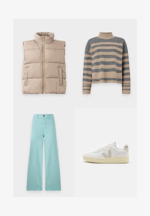 Beige polstret uten ermer vest med høyt krage, front glidelås og to sidelommer, lagt flatt på en hvit bakgrunn.; Stripet strikkegenser som har grå og beige farger, høy hals, brede mansjetter og en avslappet passform med kort design.; Vide benklær laget av lys blått stoff med en frynset kant. Har hempe lukking og standard lommer. Jevn tekstur gjennom hele.; Hvite lær sneakers med beige semsket detaljer, perforert tåboks, flate lisser og en teksturert kremfarget såle. Har subtil branding på hælen.