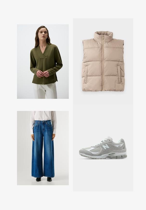 Gilet imbottito beige senza maniche con alto collo, zip frontale e due tasche laterali, posato su uno sfondo bianco.; Maglia verde oliva a maniche lunghe con scollatura a V, texture morbida e spacchi laterali, abbinata a pantaloni color crema.; Jeans a gamba larga blu con vita alta, realizzati in denim, dotati di tasche anteriori e chiusura con bottone. Texture liscia con un lavaggio classico.; Sneaker New Balance 2002R grigio chiaro presenta una tomaia in suede e mesh, dettagli bianchi, suola ammortizzata e tecnologia di ammortizzazione visibile.