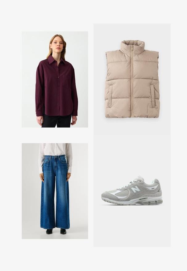 Beżowa, pikowana kamizelka bez rękawów z wysokim kołnierzem, zamek z przodu i dwiema bocznymi kieszeniami, leżąca płasko na białym tle.; Burgundowa koszula z guzikami z miękkiego materiału z kołnierzem, długimi rękawami i kieszenią na klatce piersiowej. Posiada boczne rozcięcia i subtelną teksturę.; Niebieskie dżinsy o szerokich nogawkach i wysokim stanie, wykonane z denimu, z przednimi kieszeniami i zapięciem na guzik. Gładka faktura o klasycznym wykończeniu.; Jasnoszare sneakersy New Balance 2002R mają zamszową i siateczkową cholewkę, białe akcenty, amortyzowaną podeszwę oraz widoczną technologię amortyzacji.